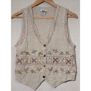 Creazioni Effeci Vest Embroidered Hippy Boho Floral Button Up Linen Blend Top